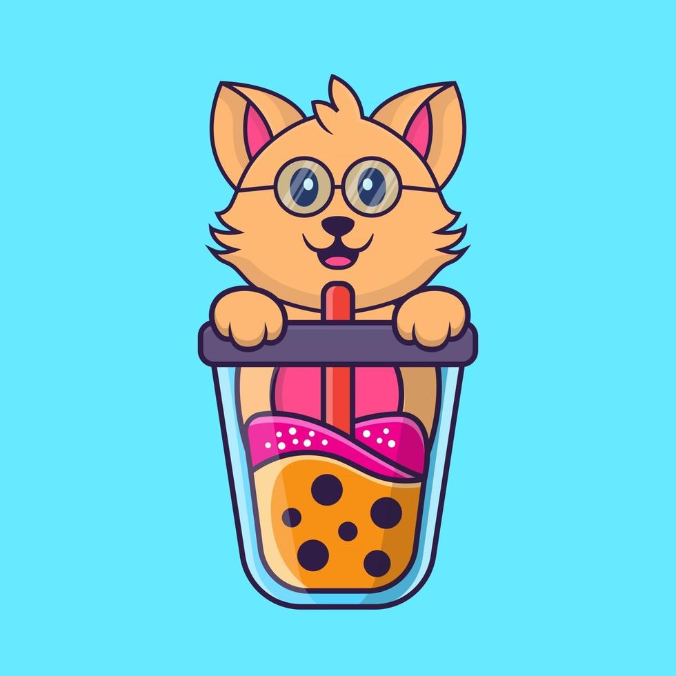 Cute cat Drinking Boba milk tea. vector