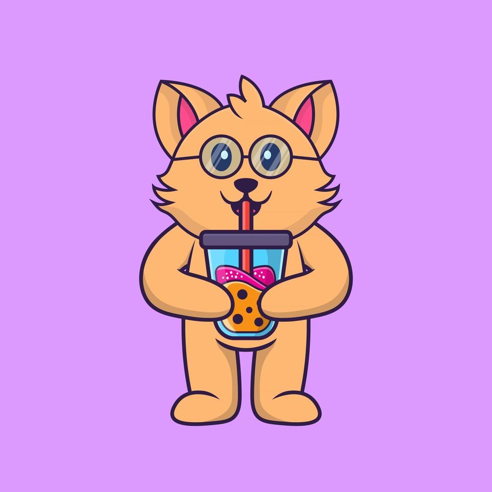 Cute cat Drinking Boba milk tea. vector