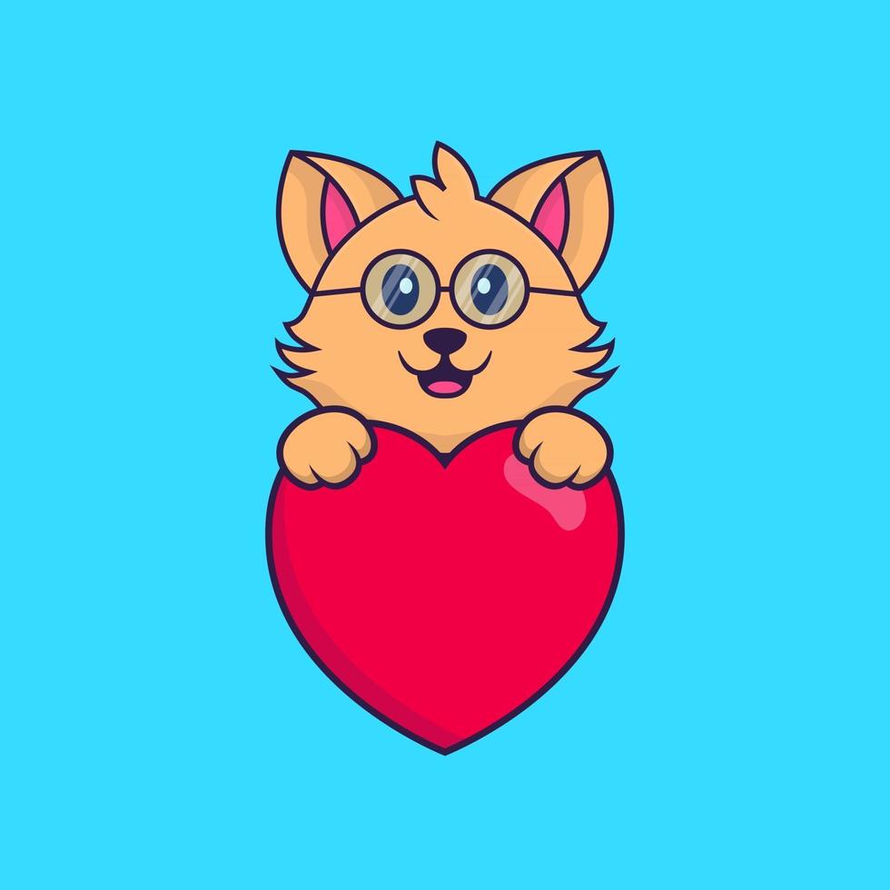 lindo gato sosteniendo un gran corazón rojo. vector