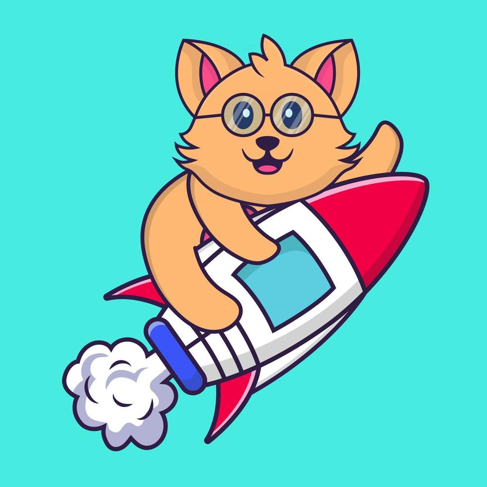 Cute cat flying on rocket. vector