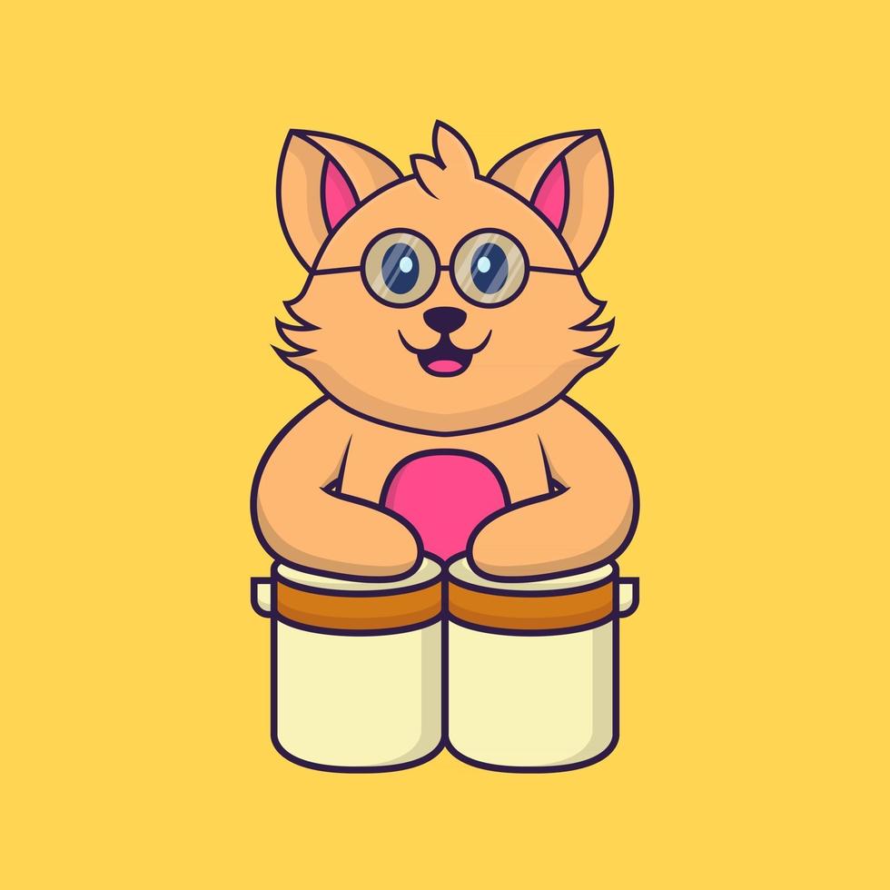 Cute cat is playing drums. vector