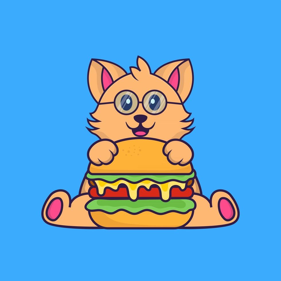 Cute cat eating burger. vector