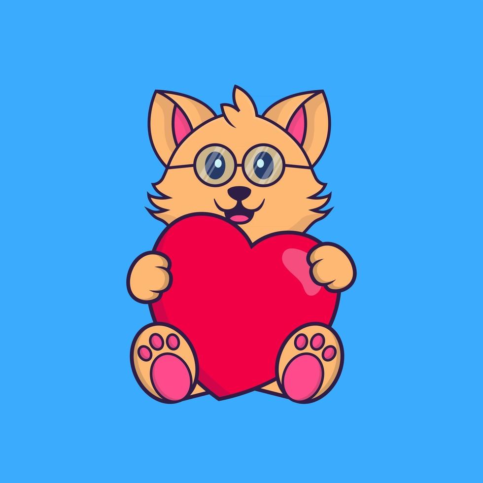 Cute cat holding a big red heart. vector