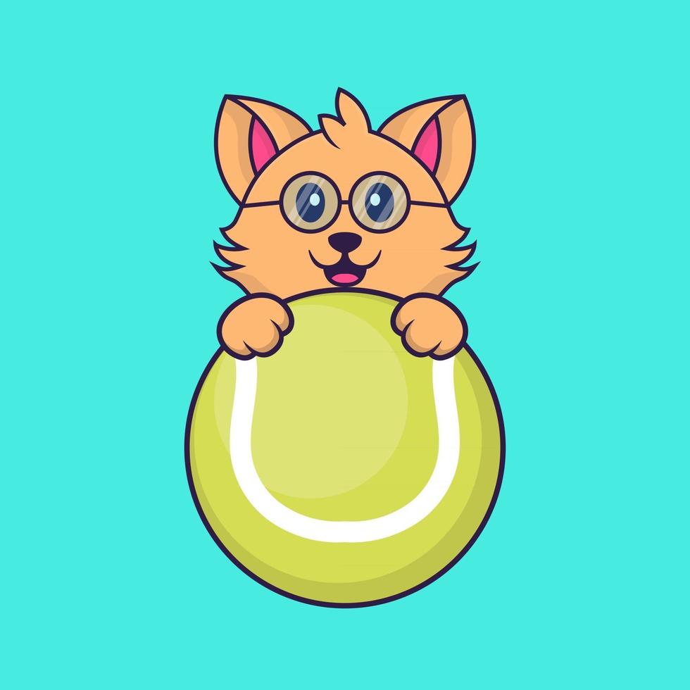 Cute cat playing tennis. vector