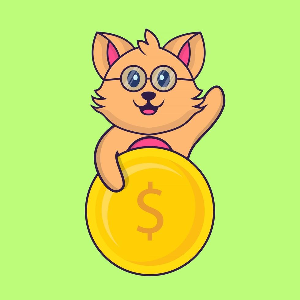 Cute cat holding coin. vector
