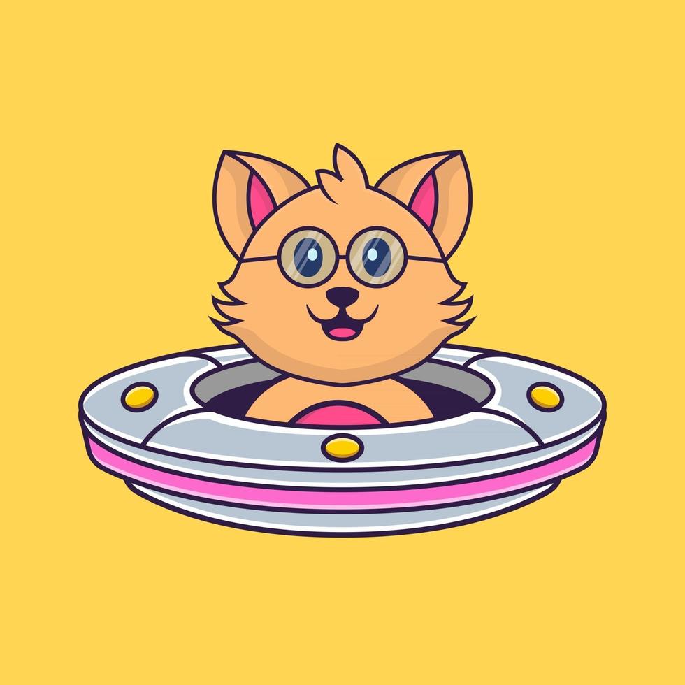 Cute cat Driving Spaceship Ufo. vector