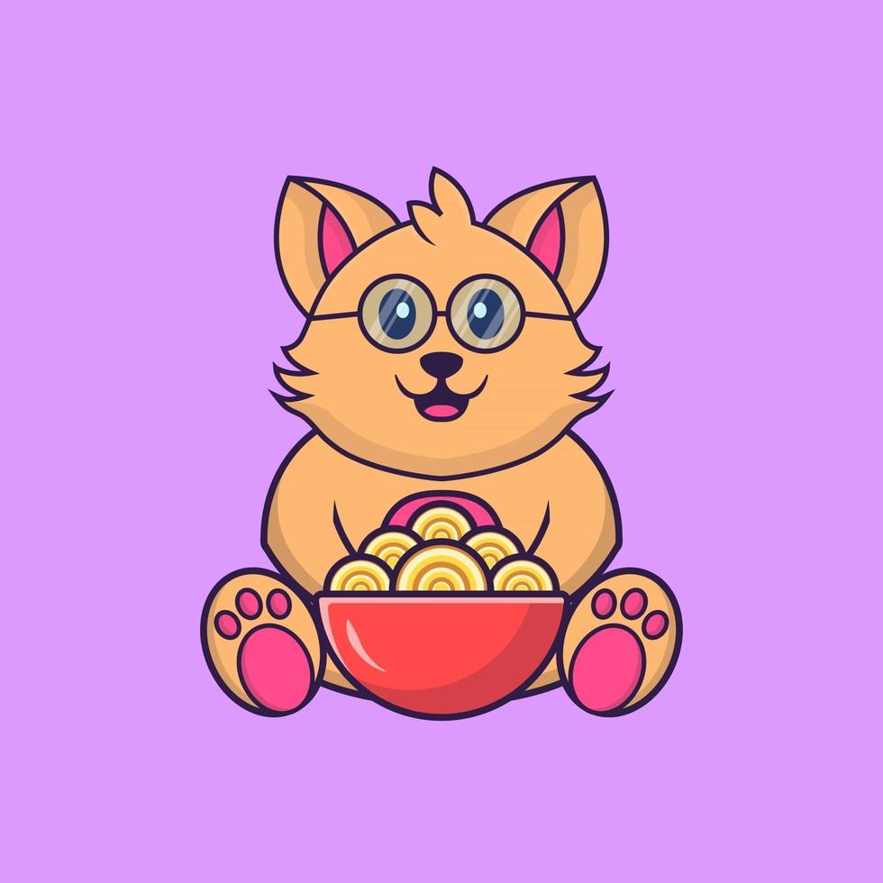 Cute cat eating ramen noodles. vector