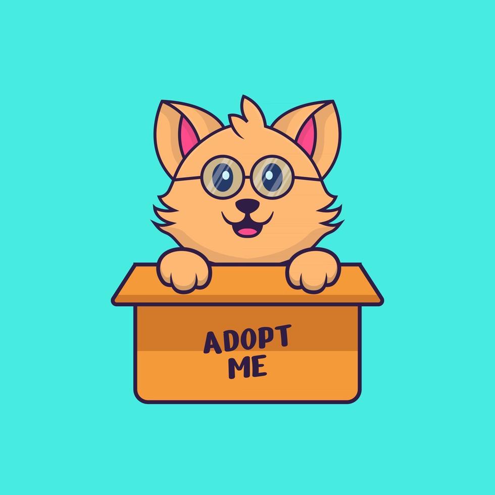 Cute cat in box with a poster Adopt me. vector
