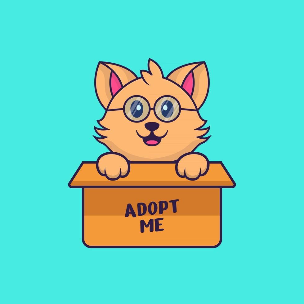 Cute cat in box with a poster Adopt me. vector