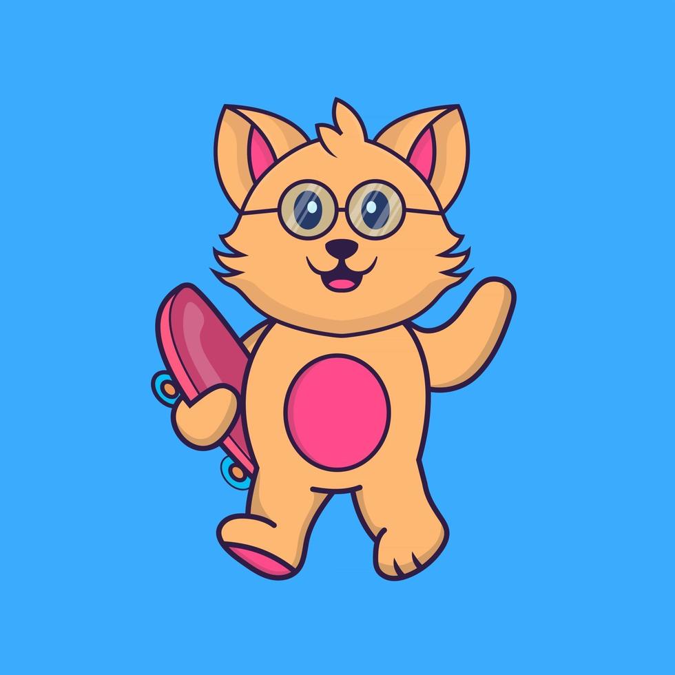 Cute cat holding a skateboard. vector