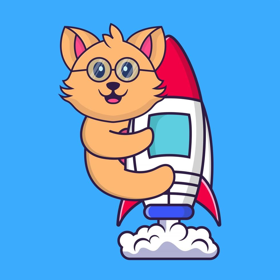 Cute cat flying on rocket. vector