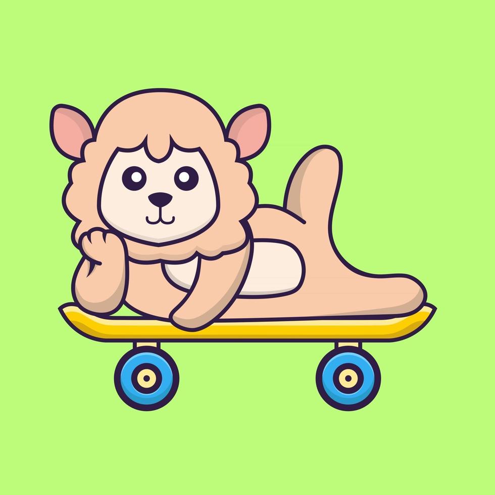 Cute sheep lying on a skateboard. vector