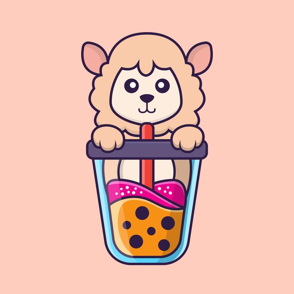 Cute sheep Drinking Boba milk tea. vector