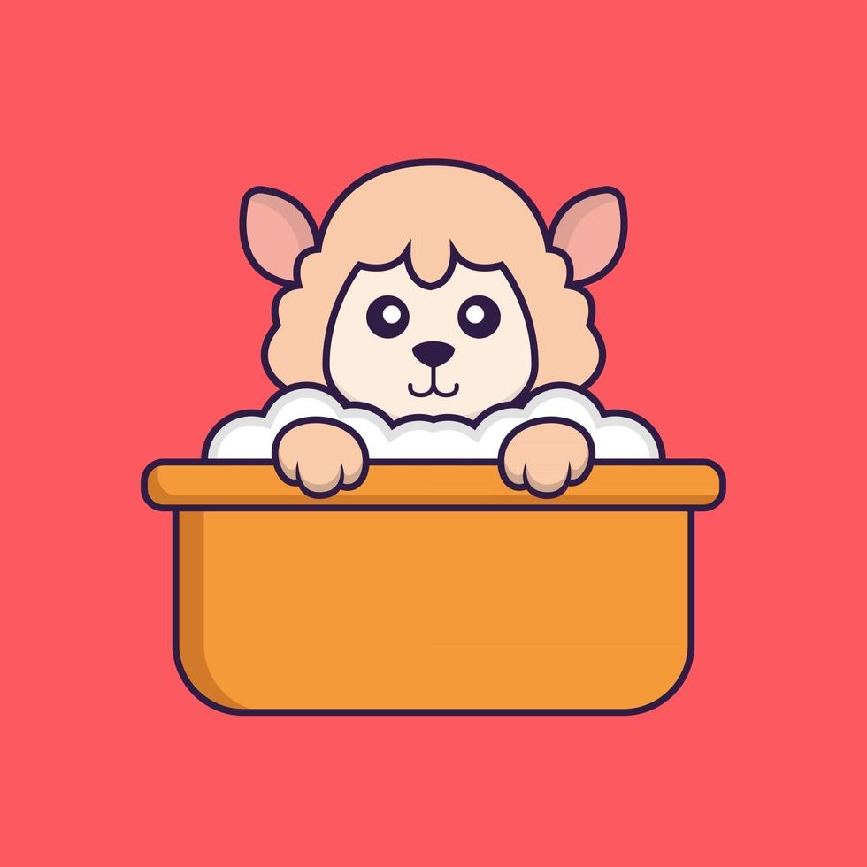 Cute sheep taking a bath in the bathtub. vector