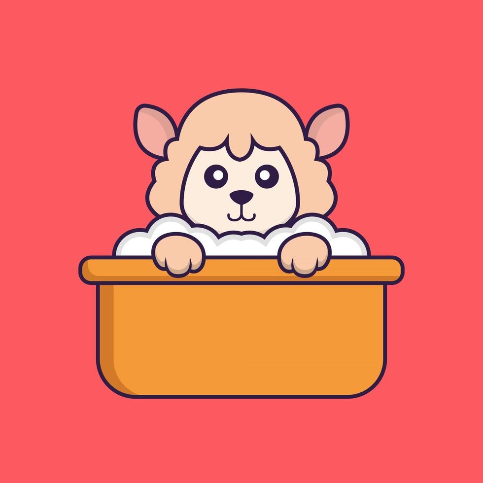 Cute sheep taking a bath in the bathtub. vector