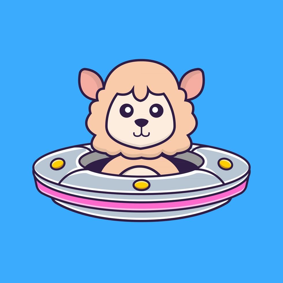 Cute sheep Driving Spaceship Ufo. vector