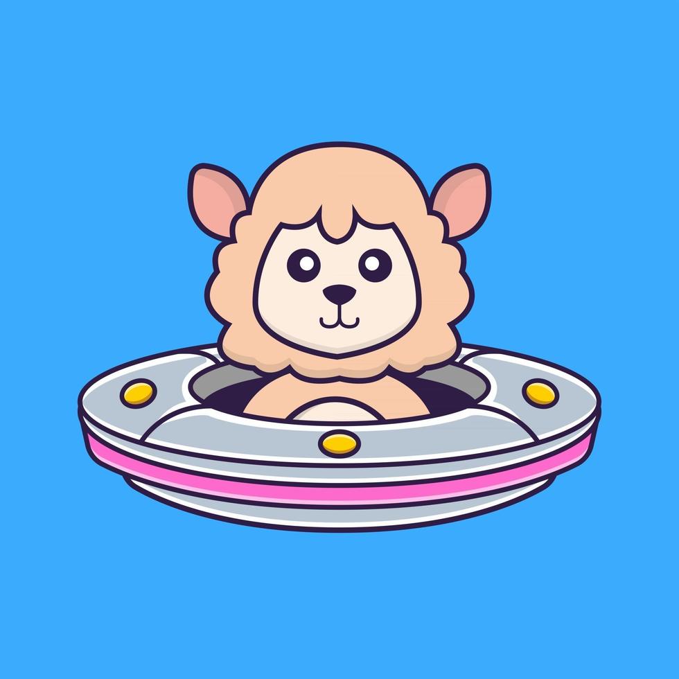 Cute sheep Driving Spaceship Ufo. vector