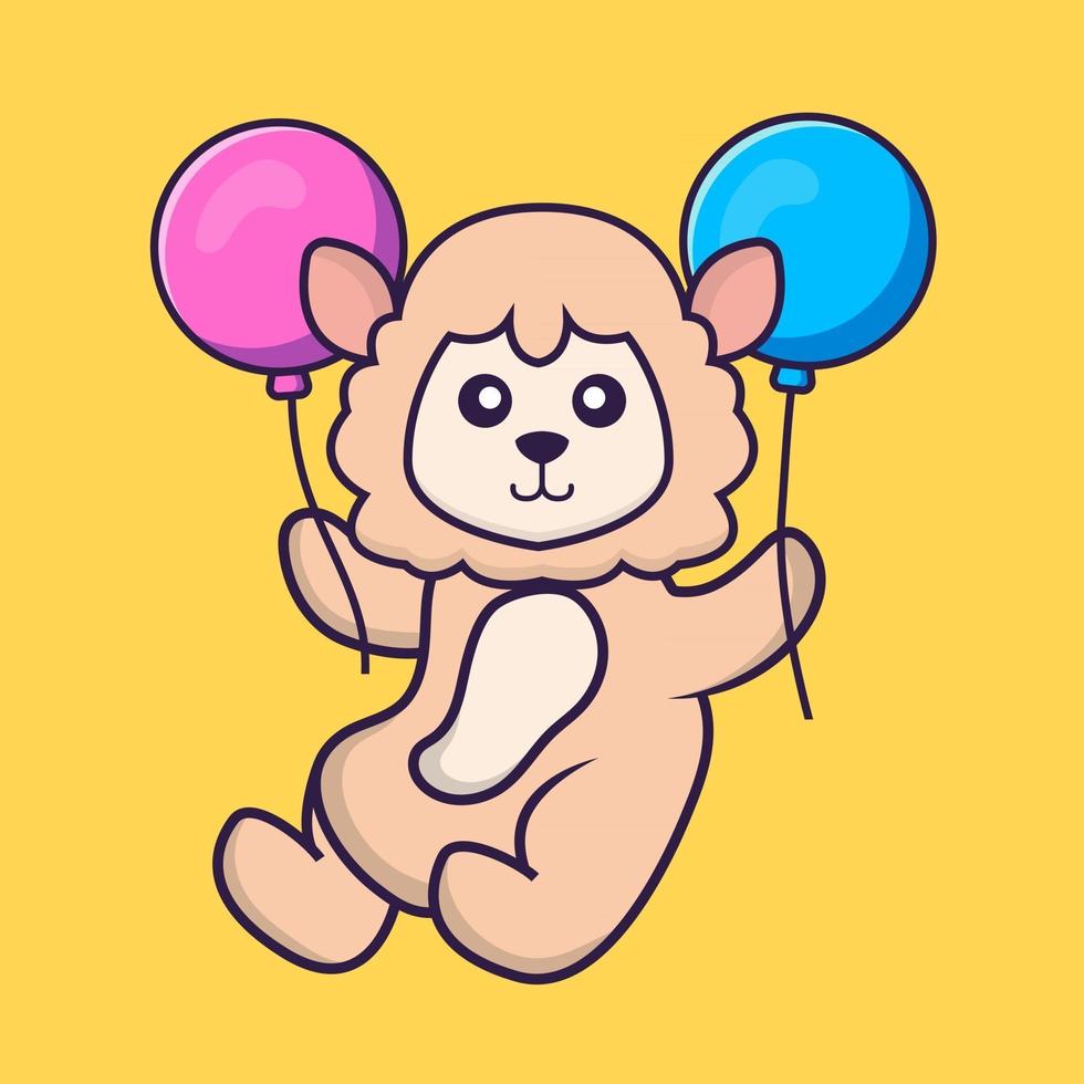 Cute sheep flying with two balloons. vector