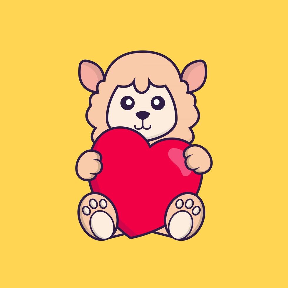 Cute sheep holding a big red heart. vector