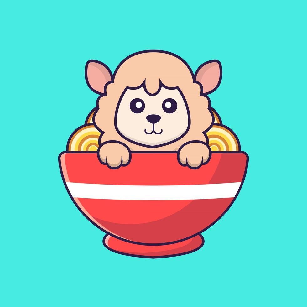 Cute sheep eating ramen noodles. vector