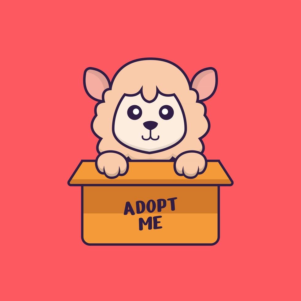 Cute sheep in box with a poster Adopt me. vector