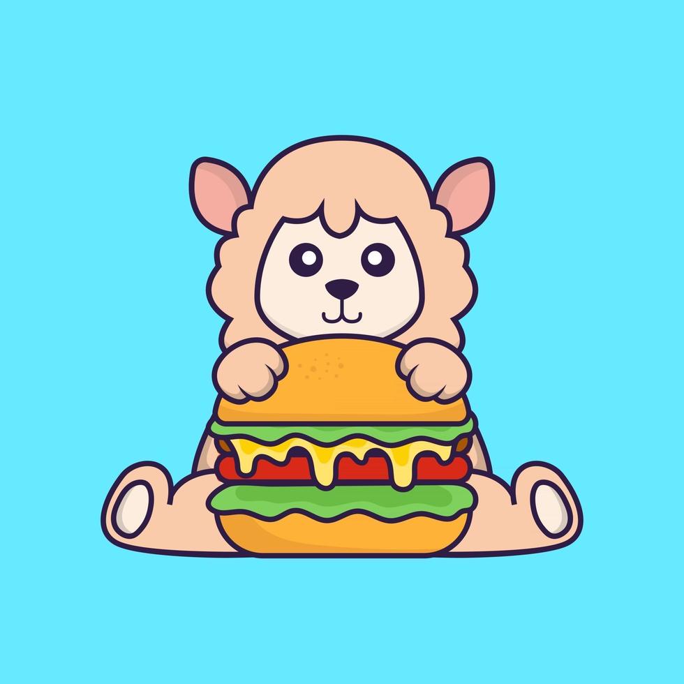Cute sheep eating burger. vector