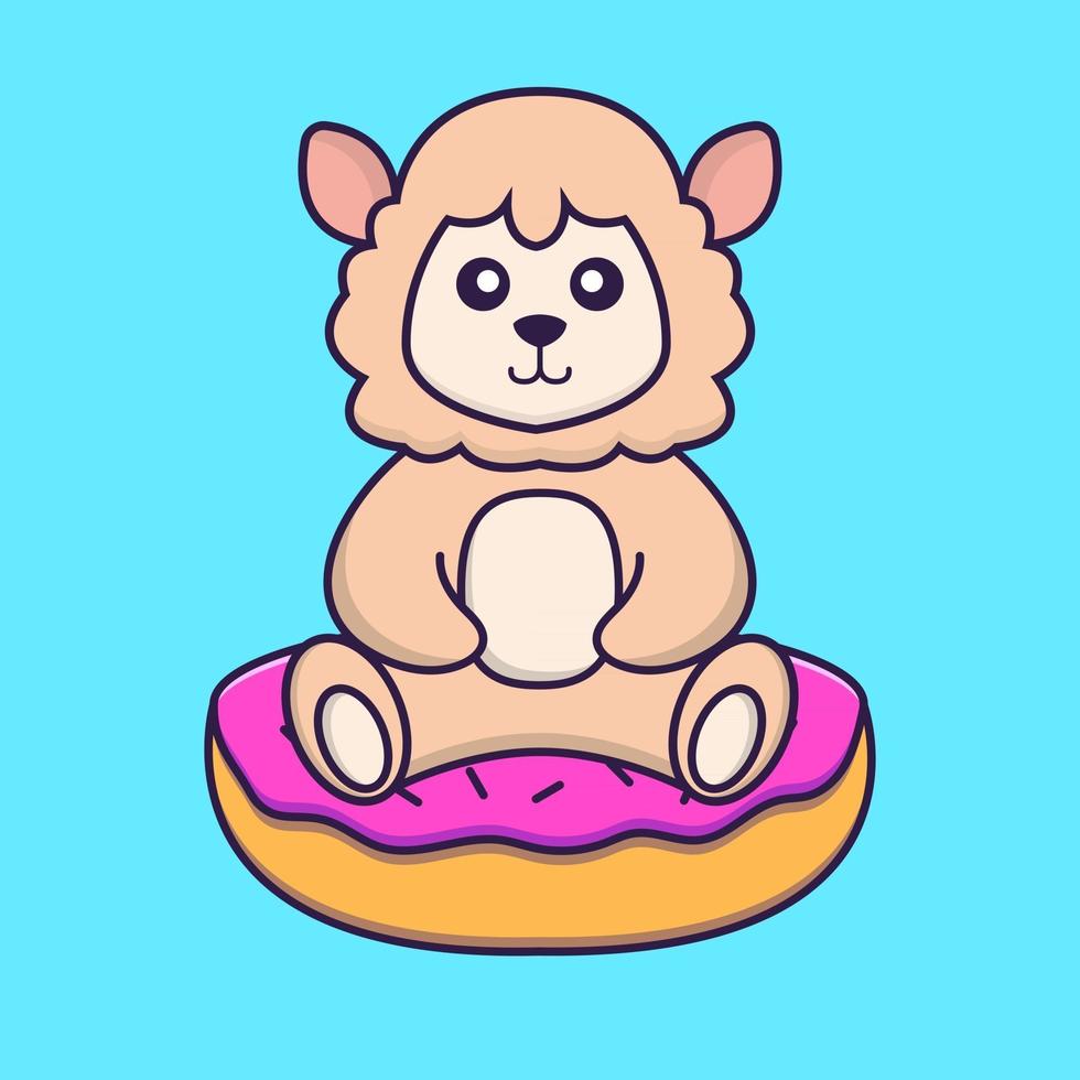 Cute sheep is sitting on donuts. vector