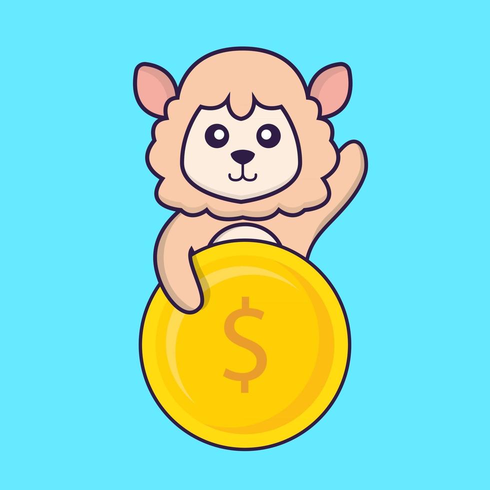 Cute sheep holding coin. vector