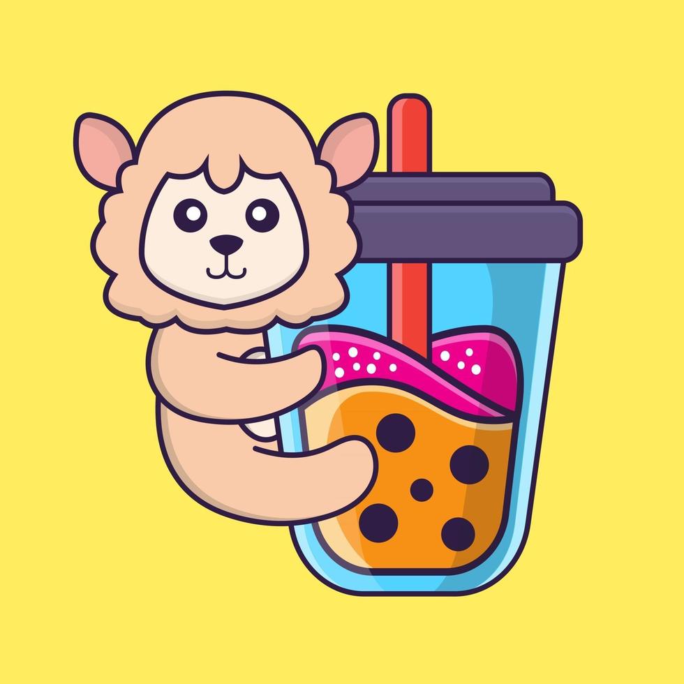 Cute sheep Drinking Boba milk tea. vector