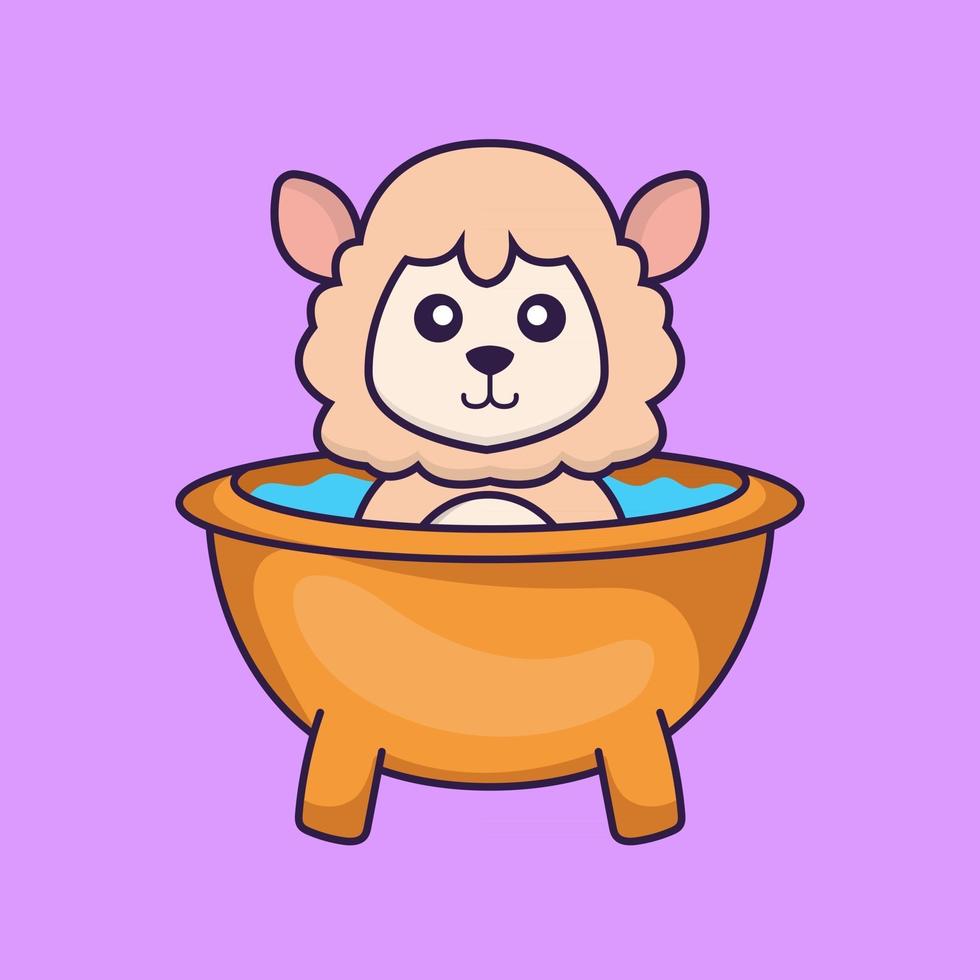 Cute sheep taking a bath in the bathtub. vector