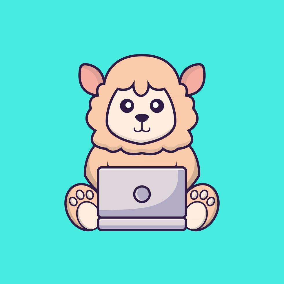 oveja linda usando laptop. vector