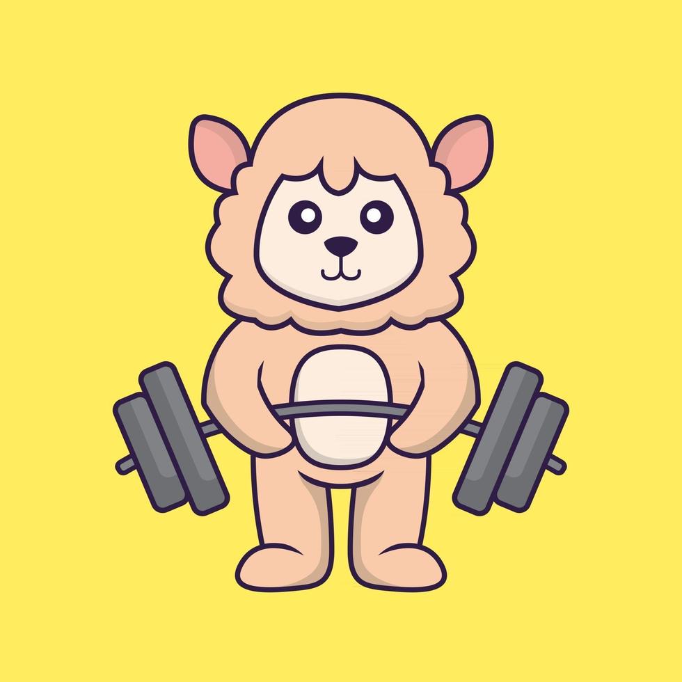 Cute sheep lifts the barbell. vector