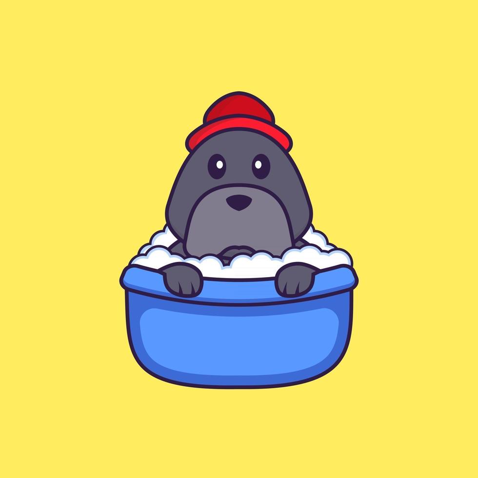 Cute dog taking a bath in the bathtub. vector