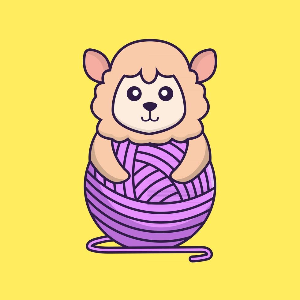 Cute sheep playing with wool yarn. vector