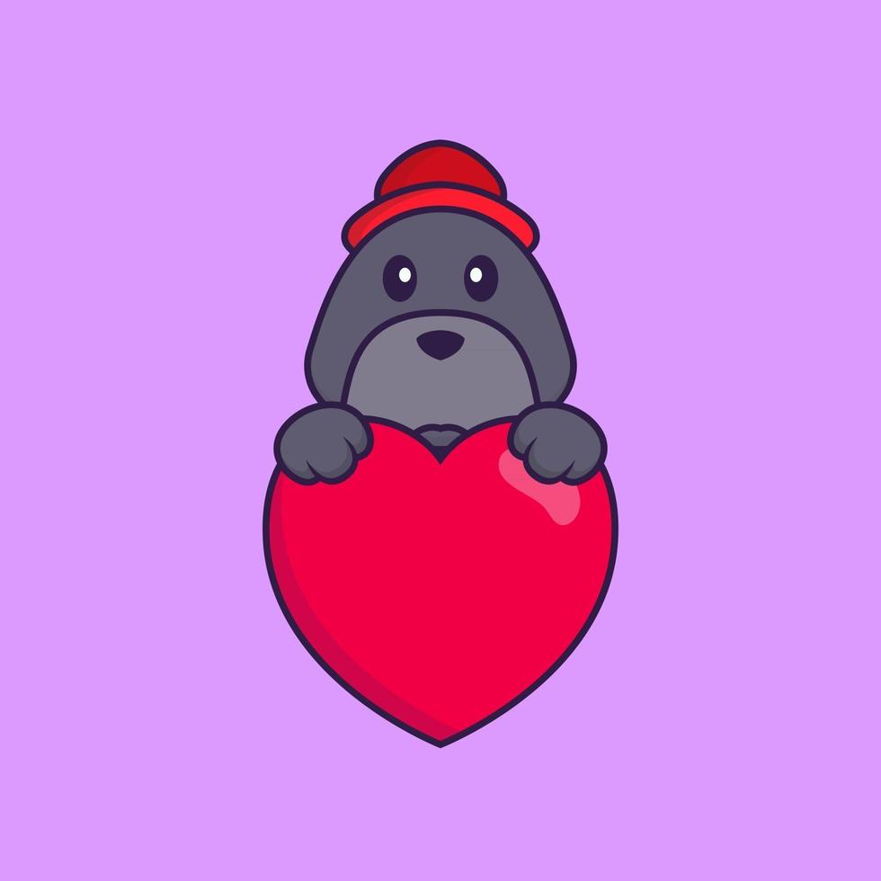 Cute dog holding a big red heart. vector
