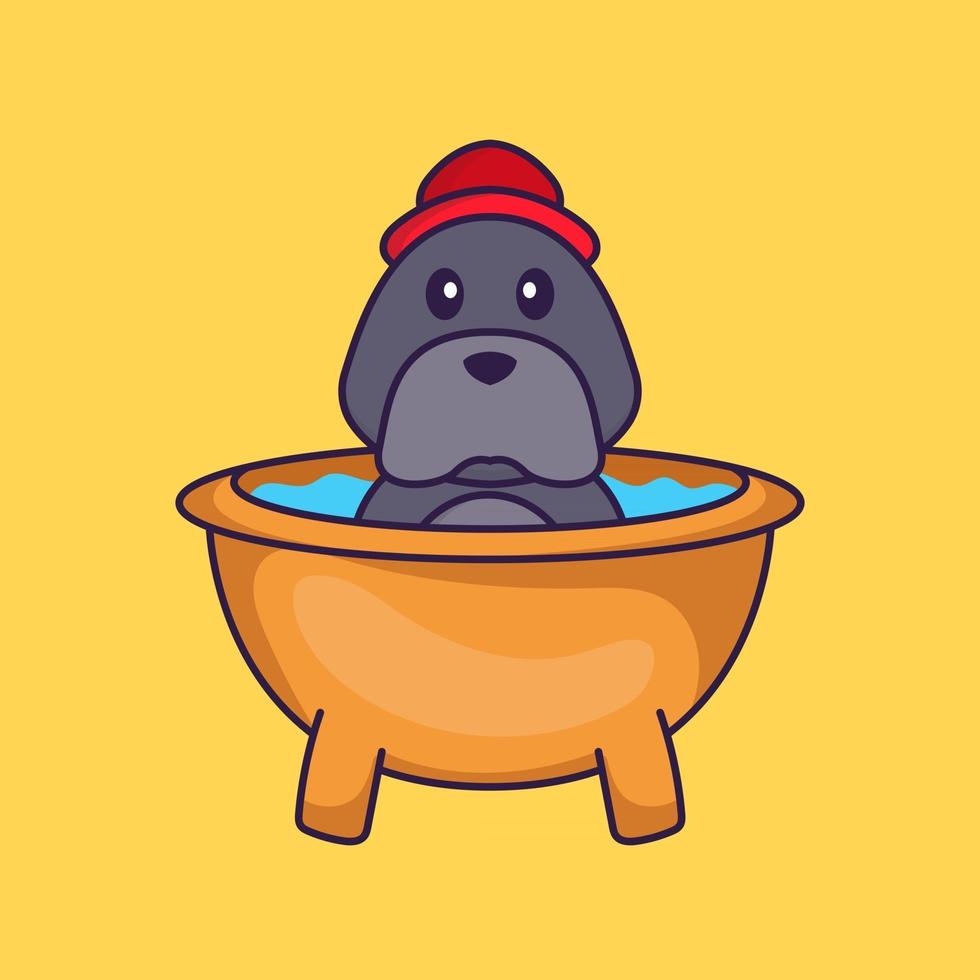 Cute dog taking a bath in the bathtub. vector