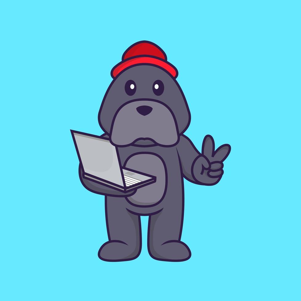 Cute dog holding laptop. vector