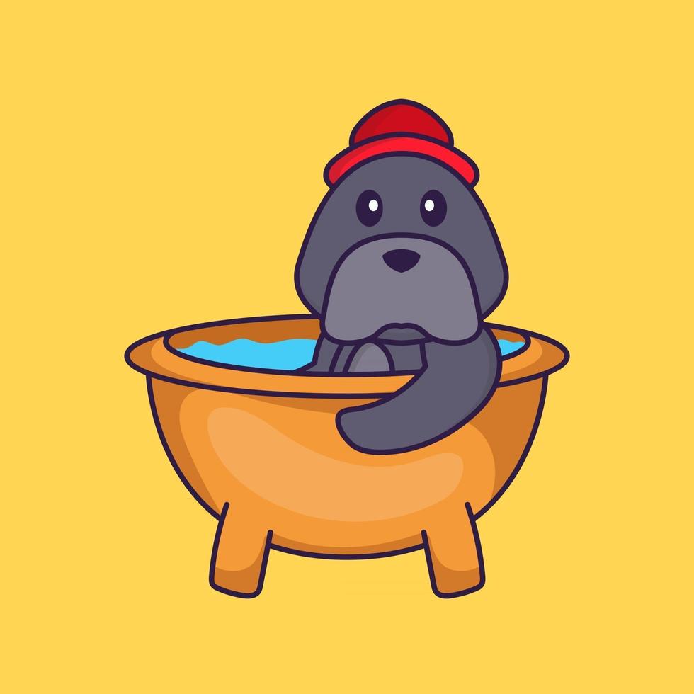 Cute dog taking a bath in the bathtub. vector