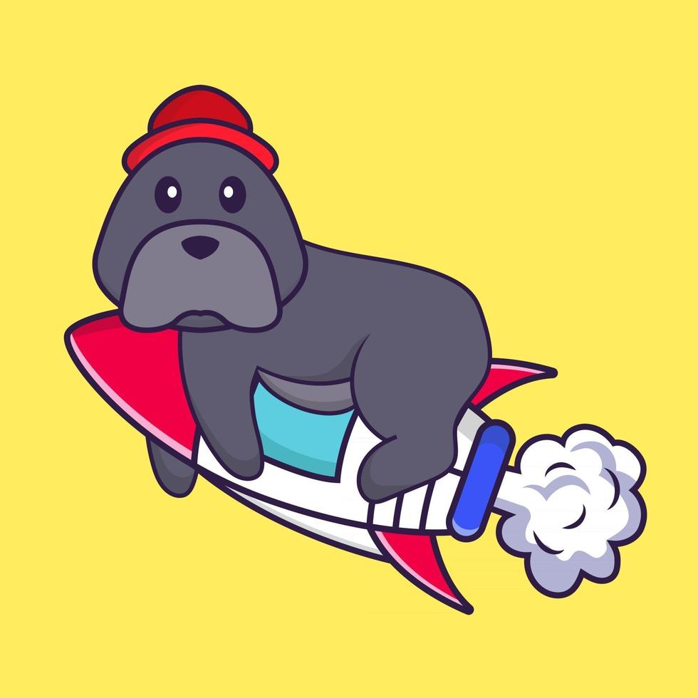 Cute dog flying on rocket. vector