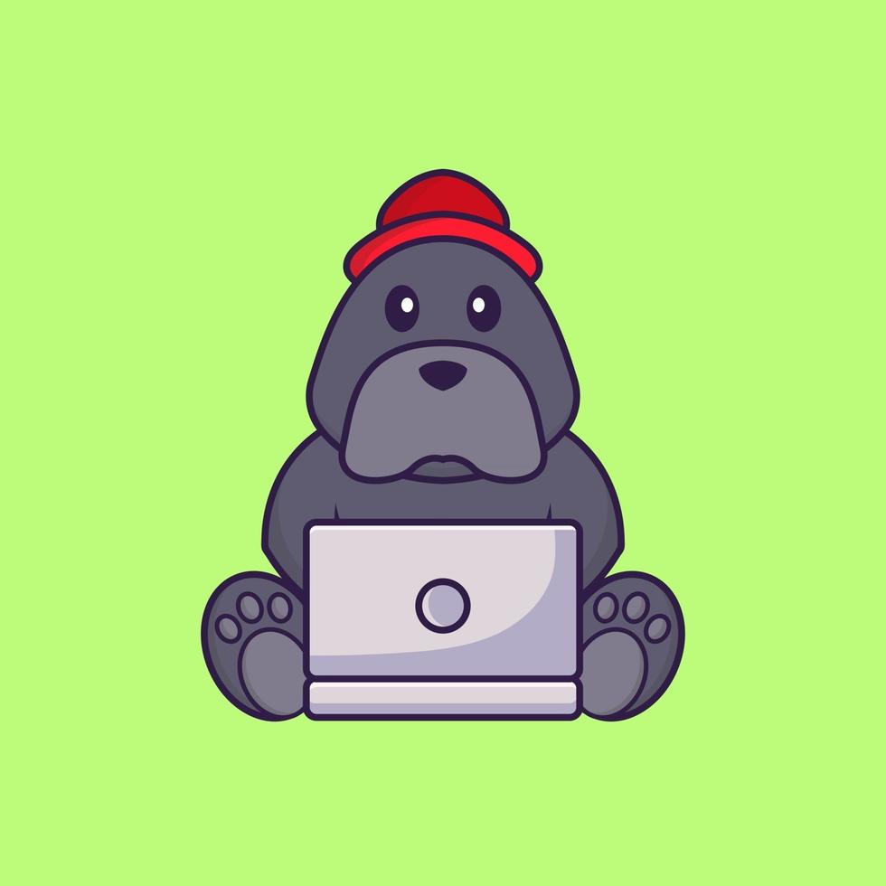 Cute dog using laptop. vector