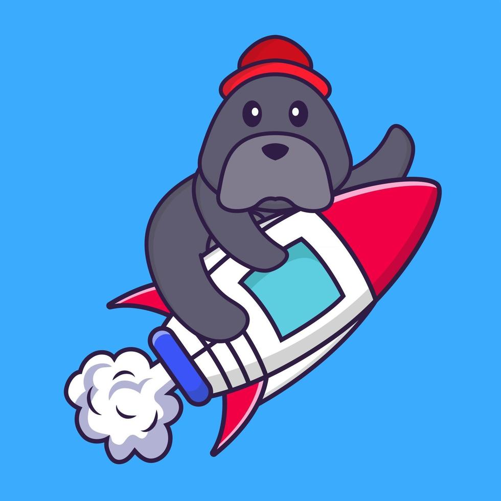 Cute dog flying on rocket. vector