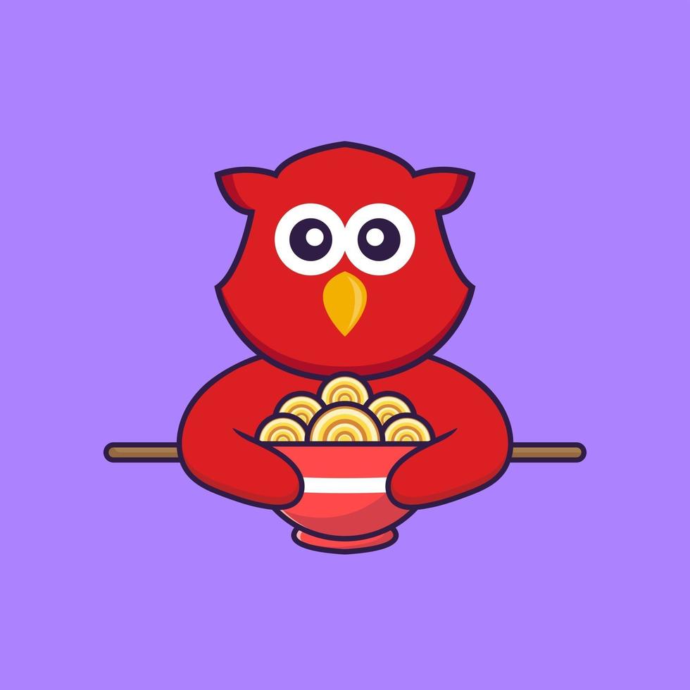 Cute bird eating ramen noodles. vector