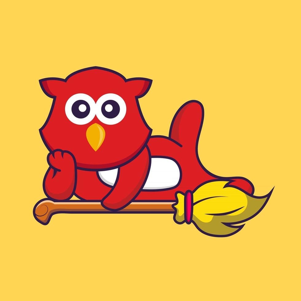 Cute bird lying on Magic Broom. vector