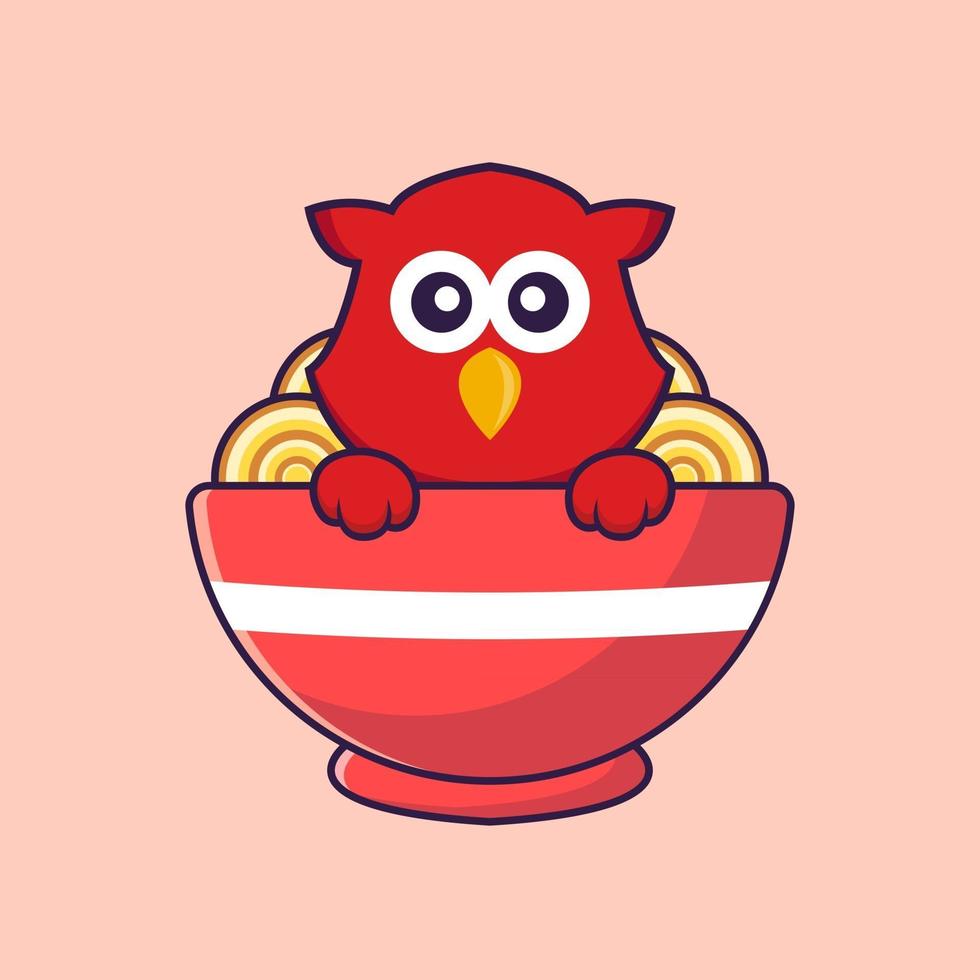 lindo pájaro comiendo fideos ramen. vector