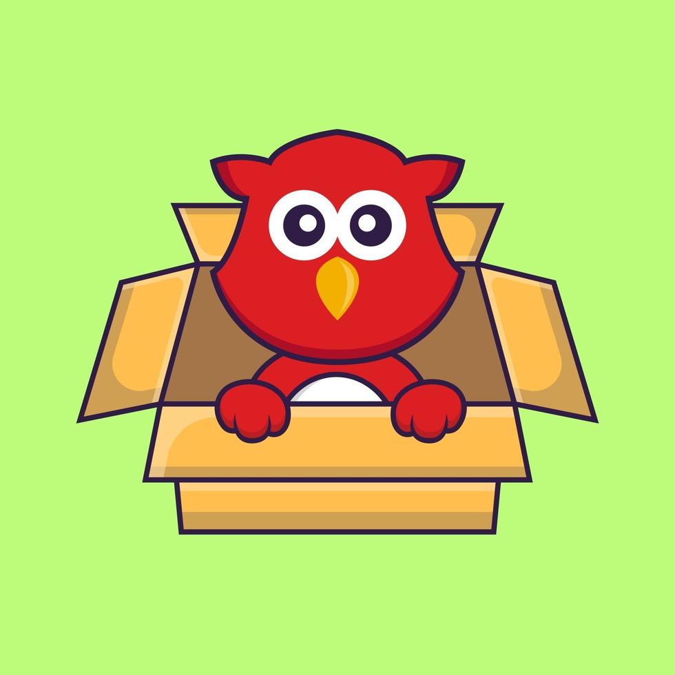 lindo pájaro jugando en caja. vector