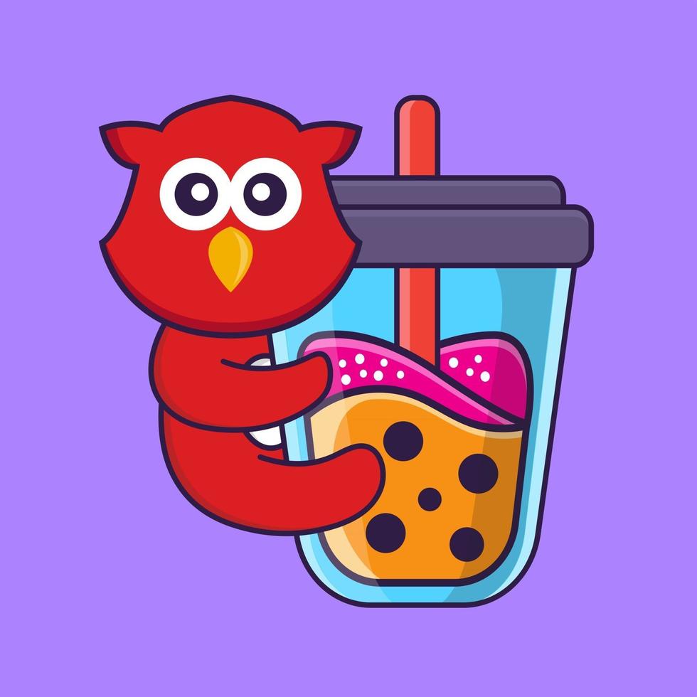 Cute bird Drinking Boba milk tea. vector