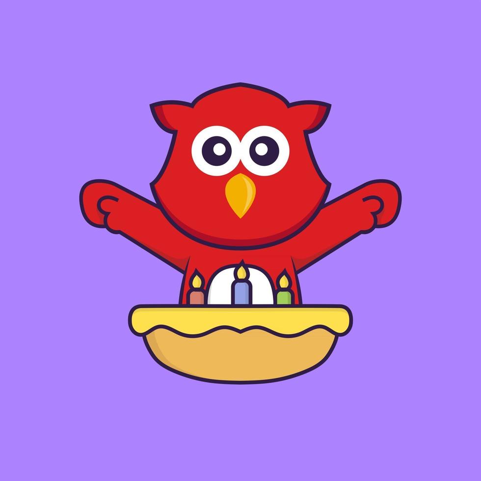 Cute bird with birthday cake. vector