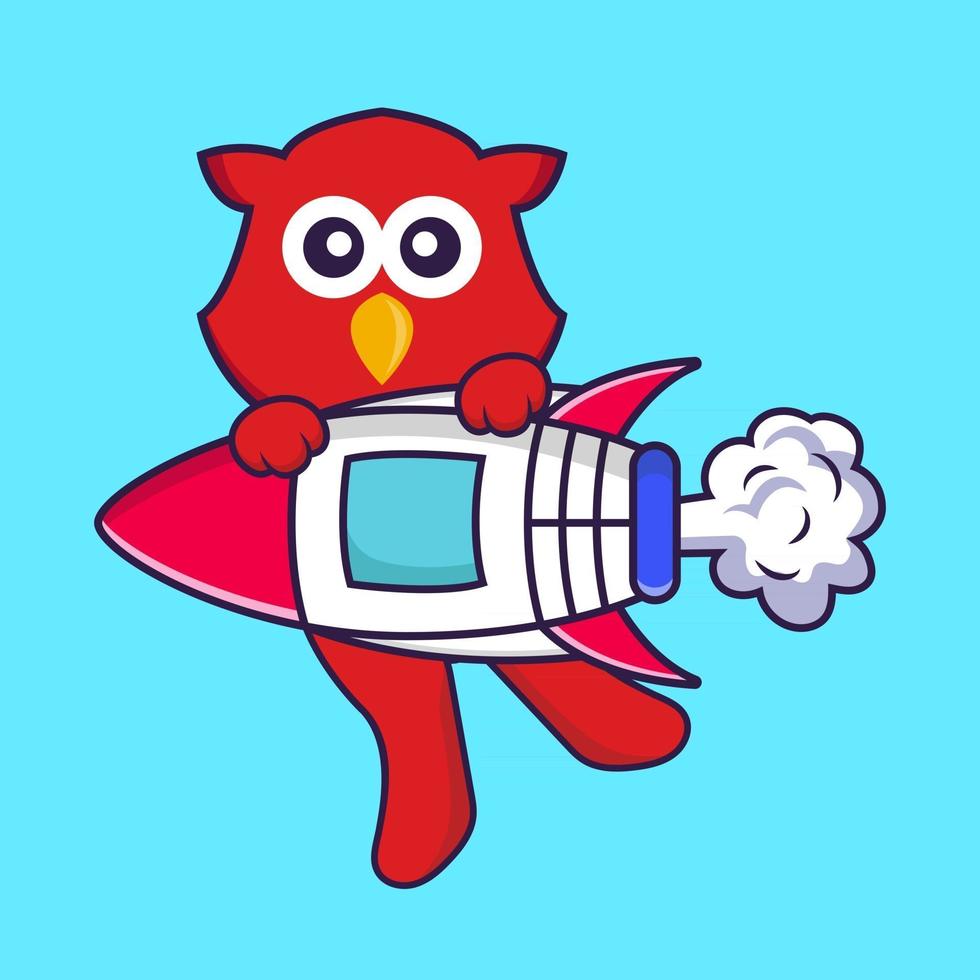 Cute bird flying on rocket. vector