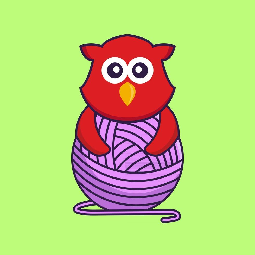 Cute bird playing with wool yarn. vector