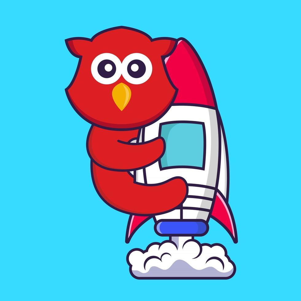 Cute bird flying on rocket. vector
